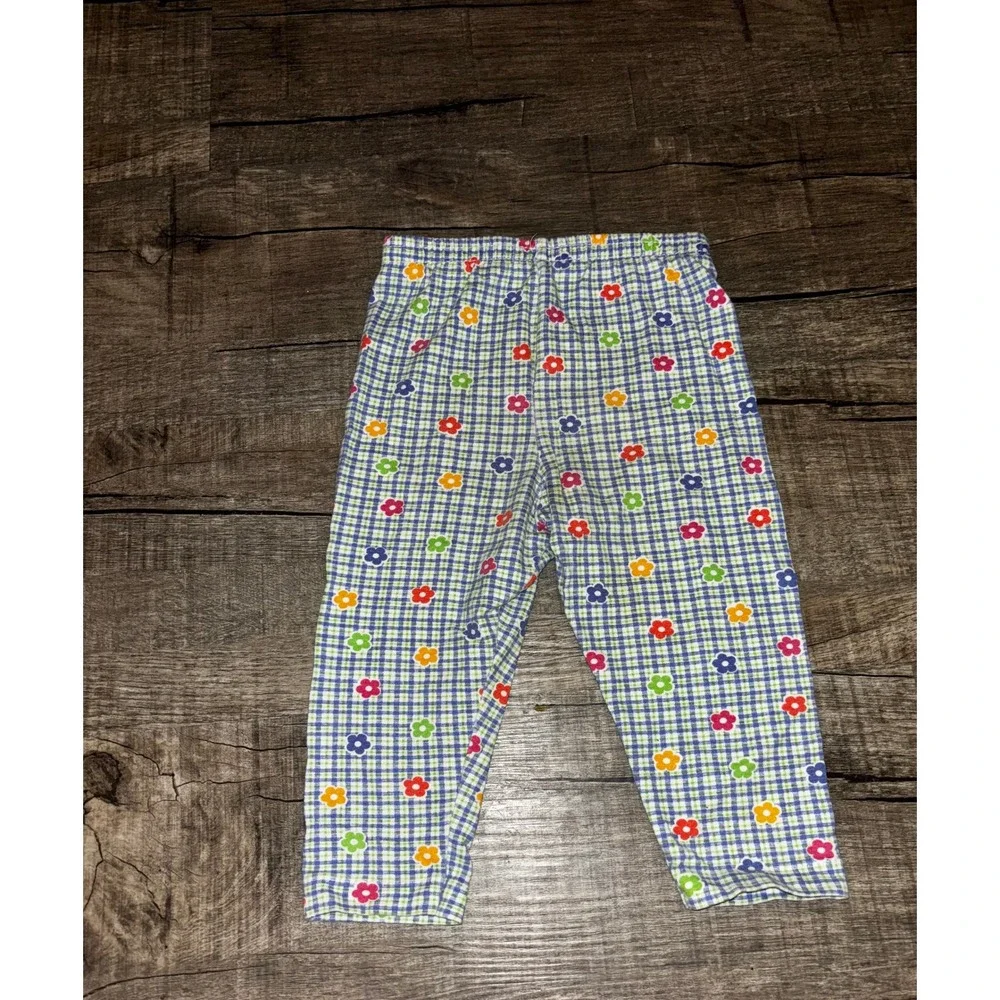 Gingham Floral Print Leggings Blue White Checkered Flower Pants Kids